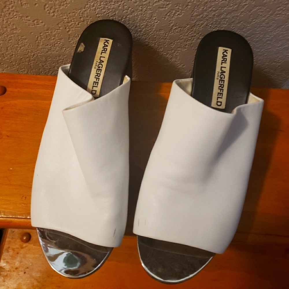 Karl Lagerfeld white leather Wedge slides 7.5